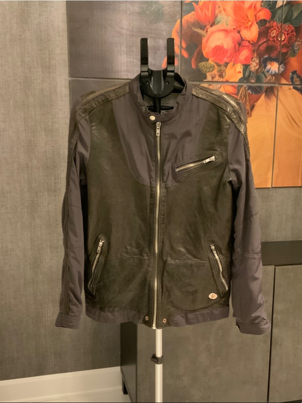 Diesel Black and Brown Leather Mixed-Material Bomber Jacket M